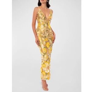 Helsi Norah Yellow Floral 3D Applique Sequin Midi Dress Size XS‎ Wedding Guest